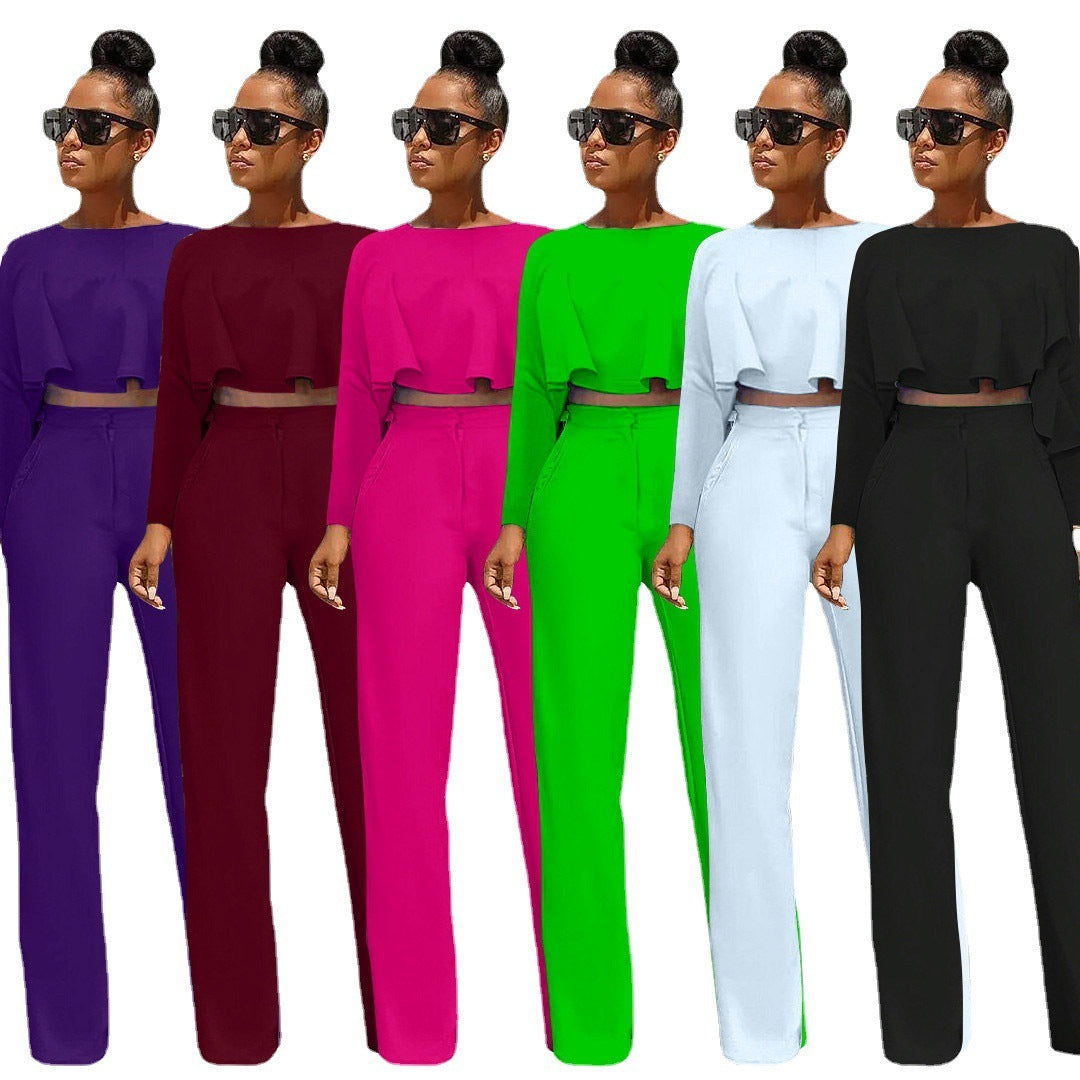 Solid Color Hollow-out Long Sleeve High Waist Wide Leg Pants Two-piece Set