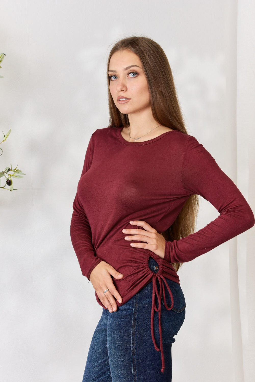 Culture Code Full Size Drawstring Round Neck Long Sleeve Top