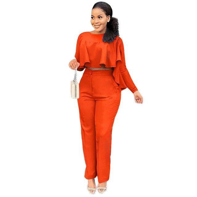 Solid Color Hollow-out Long Sleeve High Waist Wide Leg Pants Two-piece Set