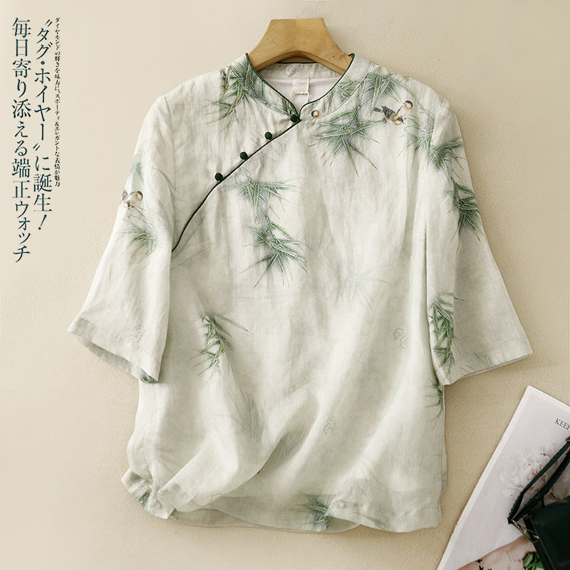 Women's Stand Collar Vintage Print Ethnic Style Cotton Linen Shirt