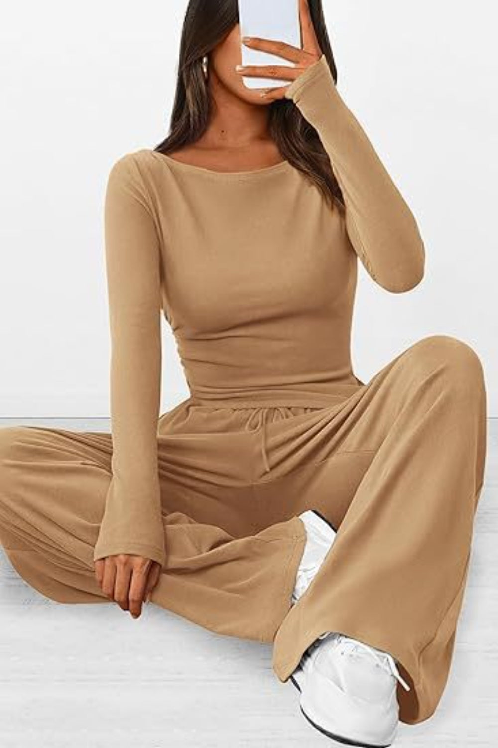 Round Neck Long Sleeve Top and Pants Set