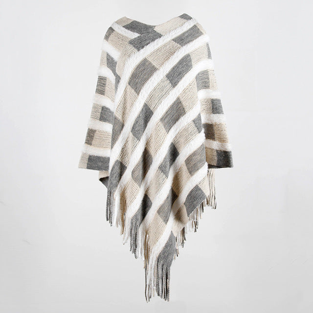 V-neck striped fringed shawl