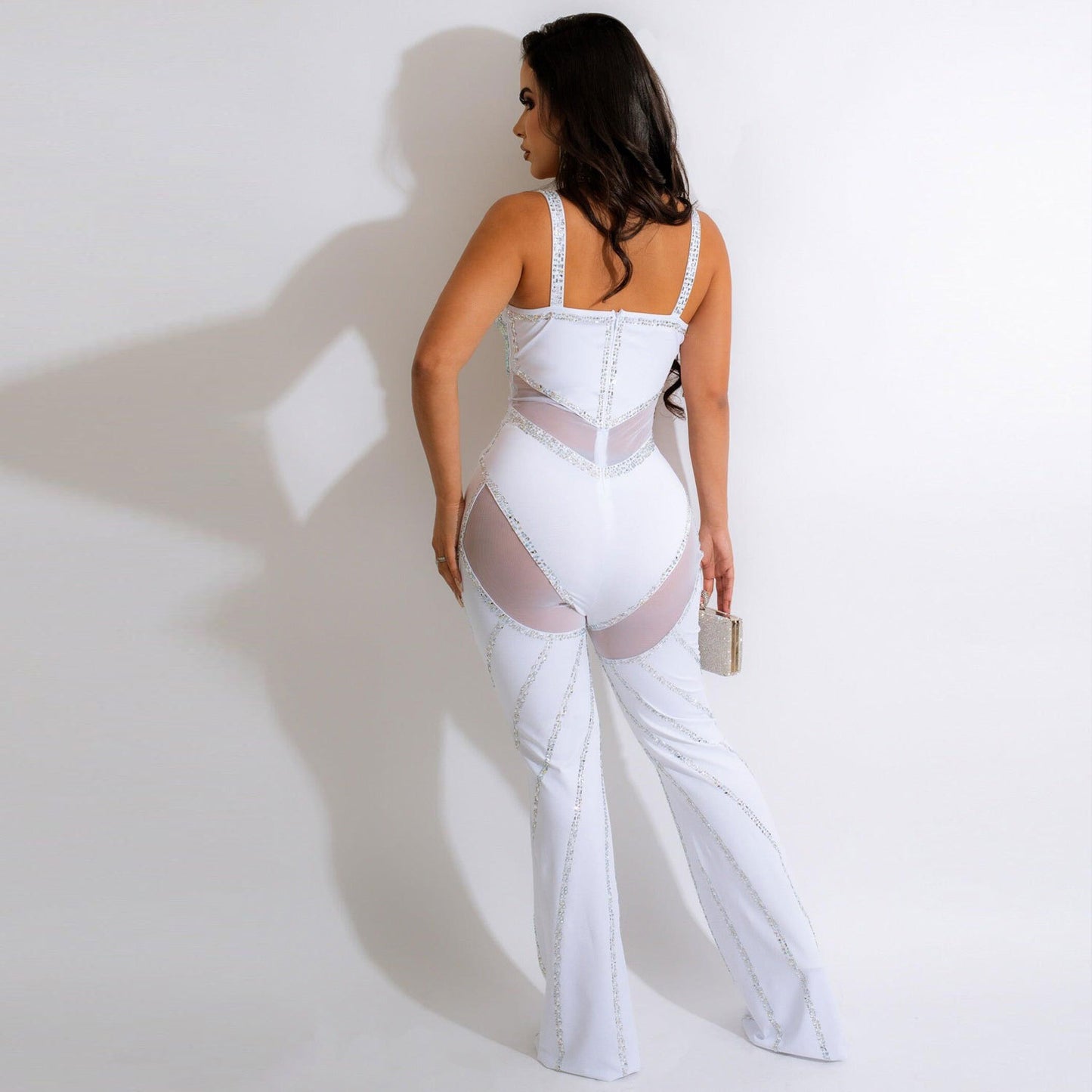 Women's See-through Deep V Rhinestone Jumpsuit