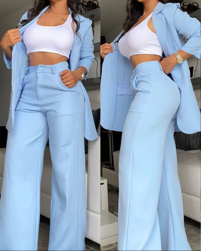 Plain Color Sleeve Lapel Suit Pocket Straight-leg Pants Suit