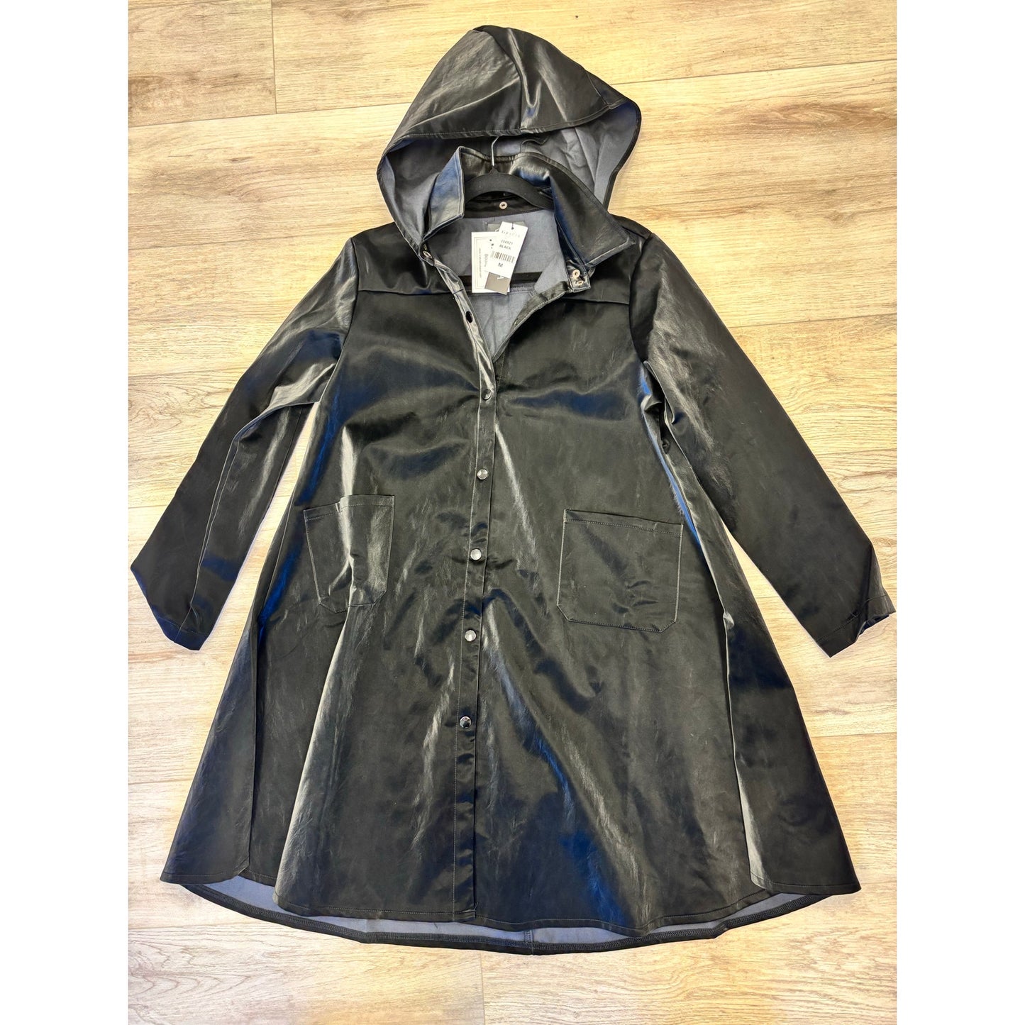 New GRACIA Black Leather Hooded Coat Size M