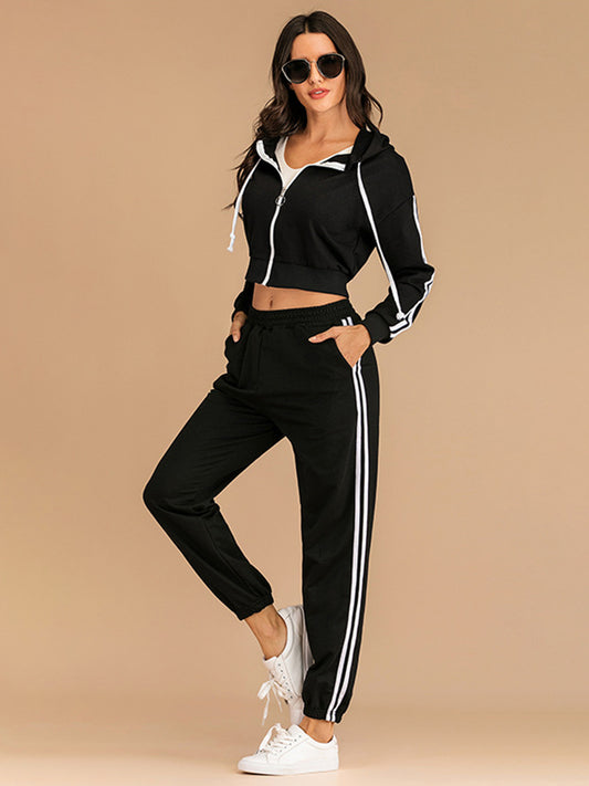 Perfee Drawstring Side Stripe Zip Up Hooded Top and Pants Set