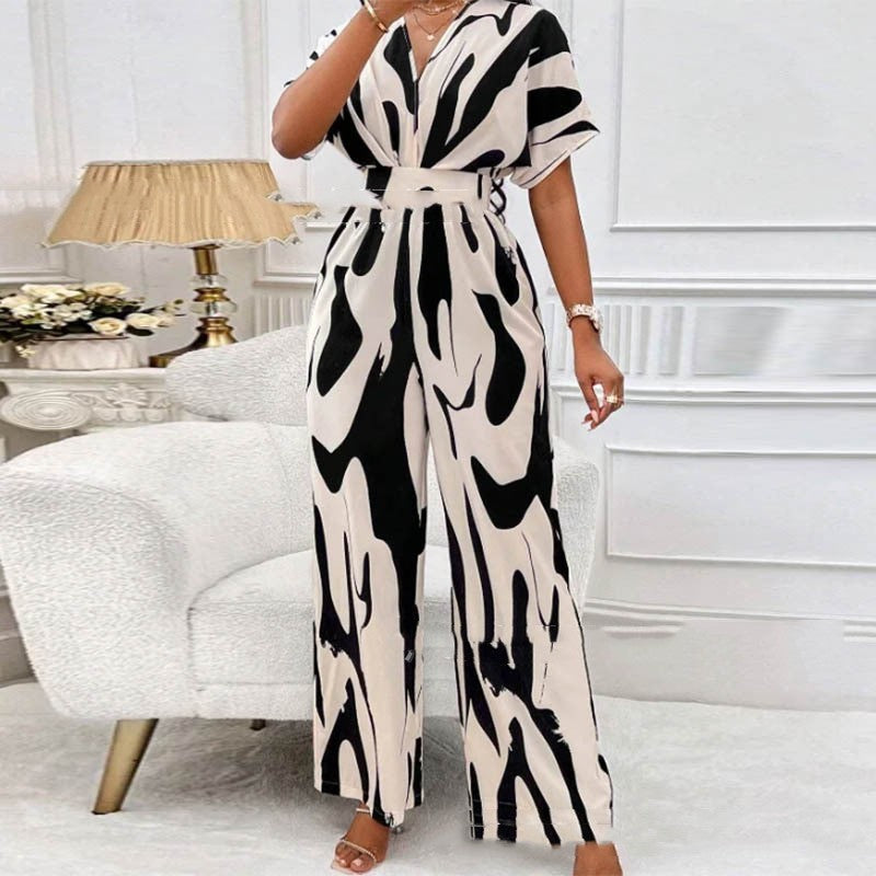 V-neck Loose Printed Long Jumpsuit