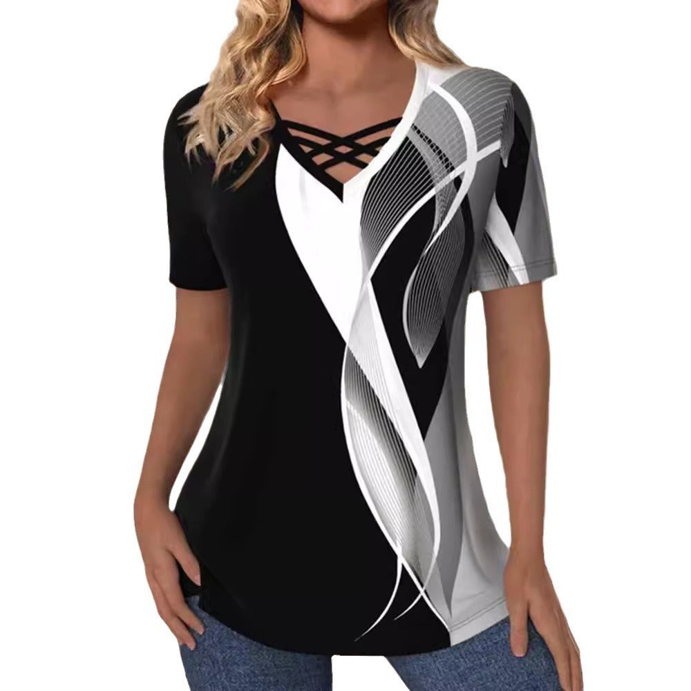 Fashion Printed V-neck Short-sleeved Top For Women