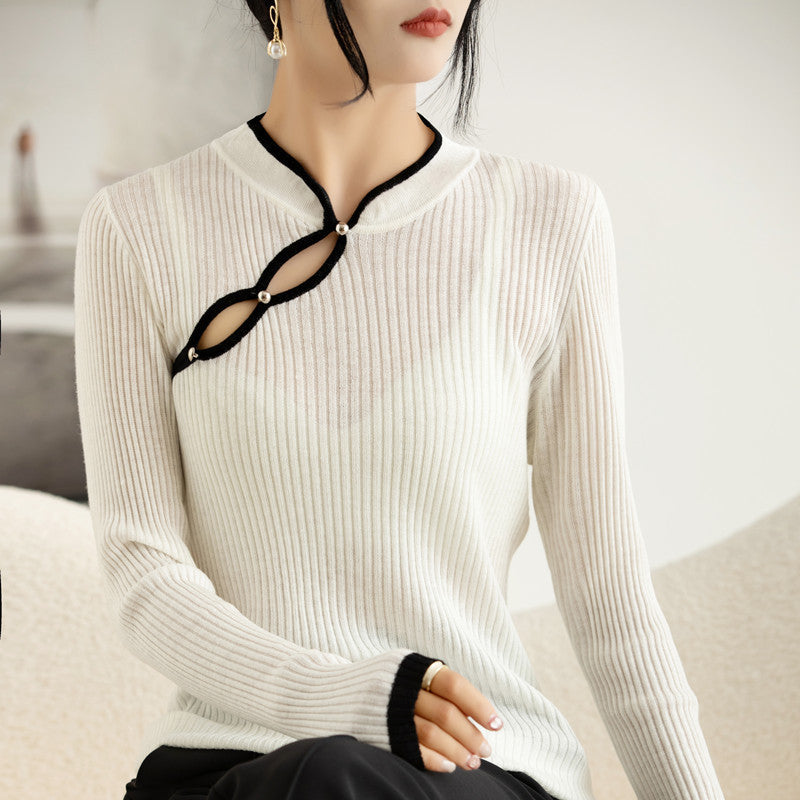 Wool Hollow-out Plate Buckle Stand Collar Design Sweater Thin