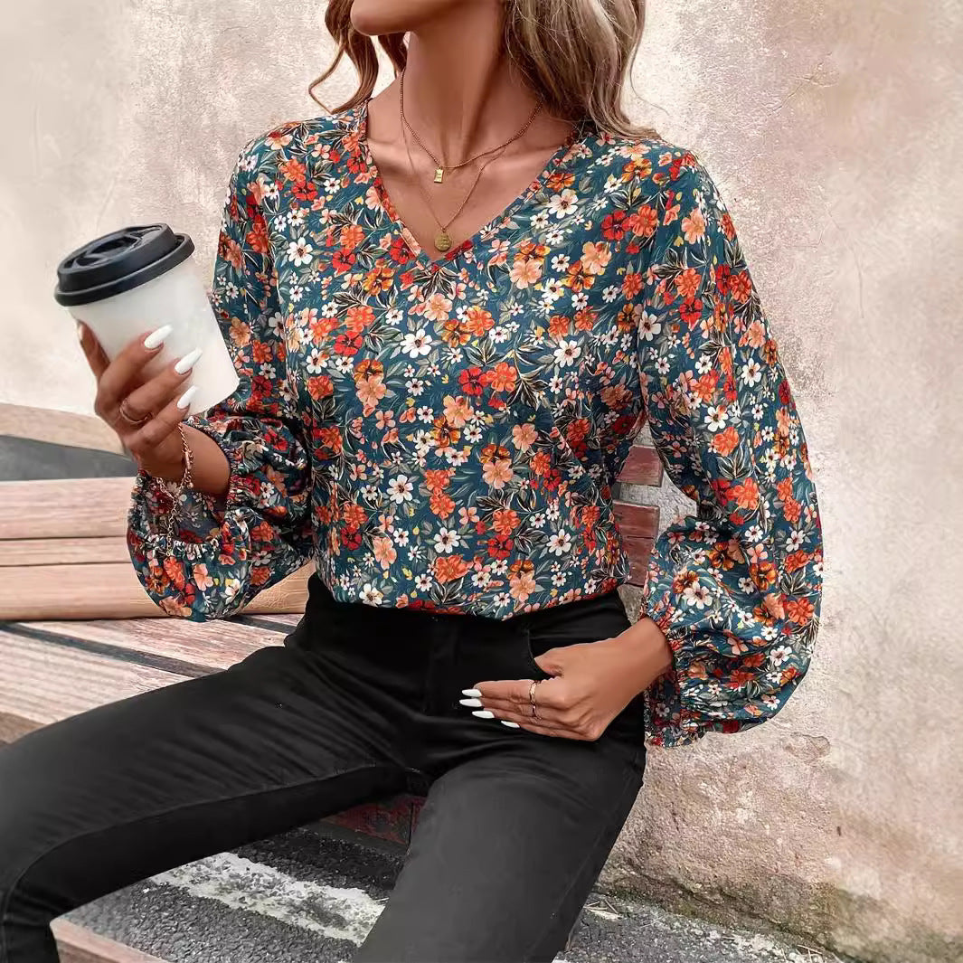 Women's V-neck Long Sleeve Shirt Autumn Women Clothing Casual