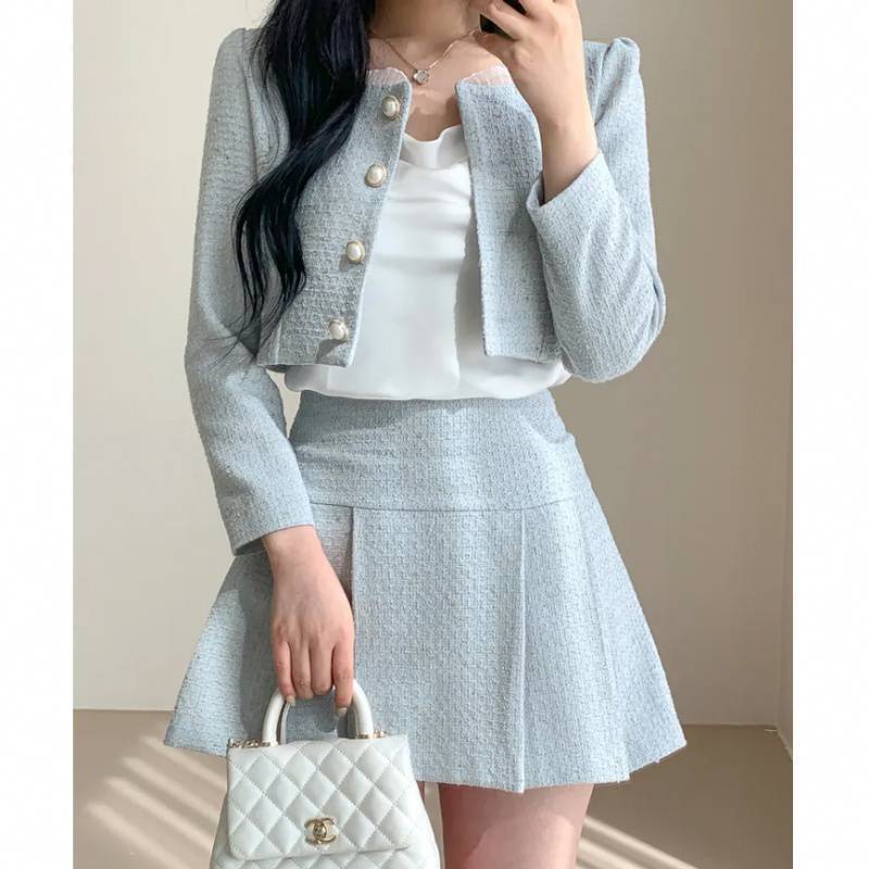 Round Neck Short Coat High Waist Slimming Pleated Skirt Two-piece Set