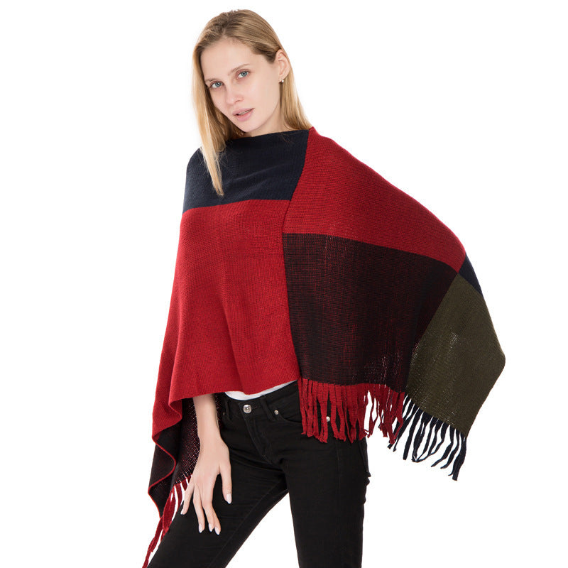 Large Plaid Color Matching Knitted Warm Shawl European And American Autumn And Winter