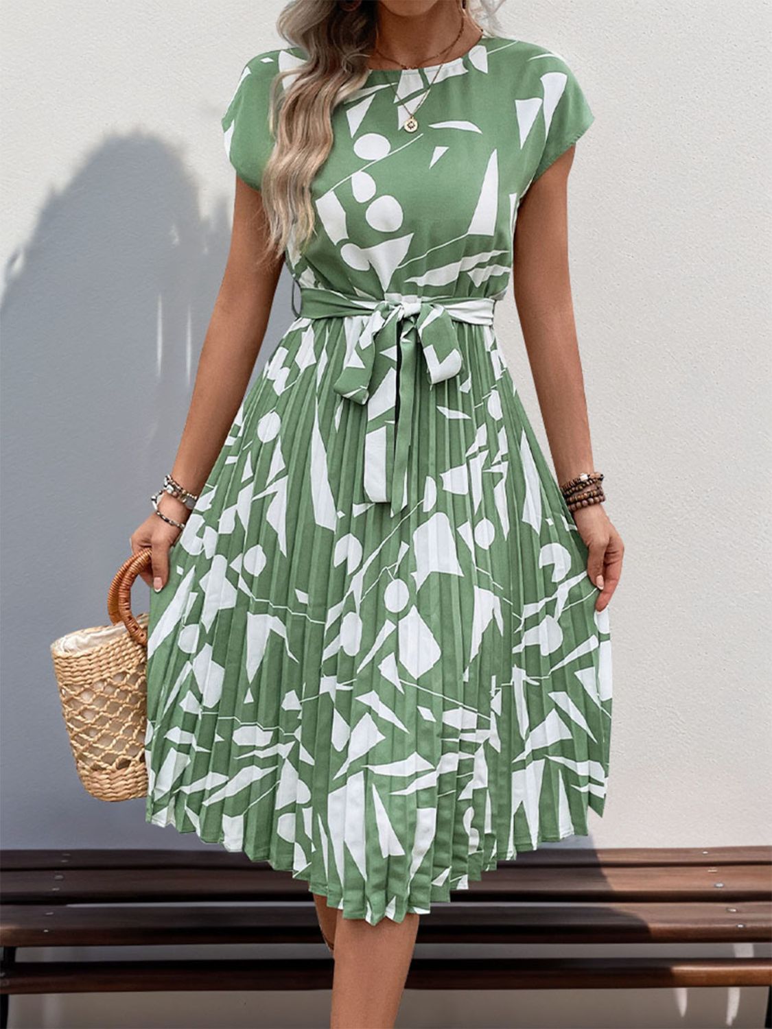 Perfee Tied Pleated Printed Cap Sleeve Dress