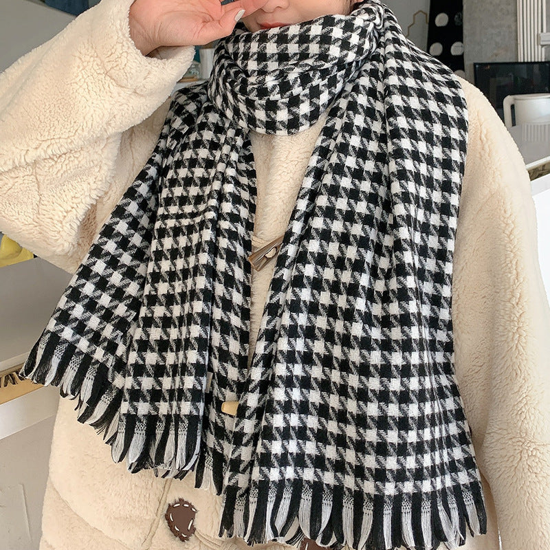 Autumn And Winter Black And White Houndstooth Scarf Artificial Cashmere Shawl Tassel