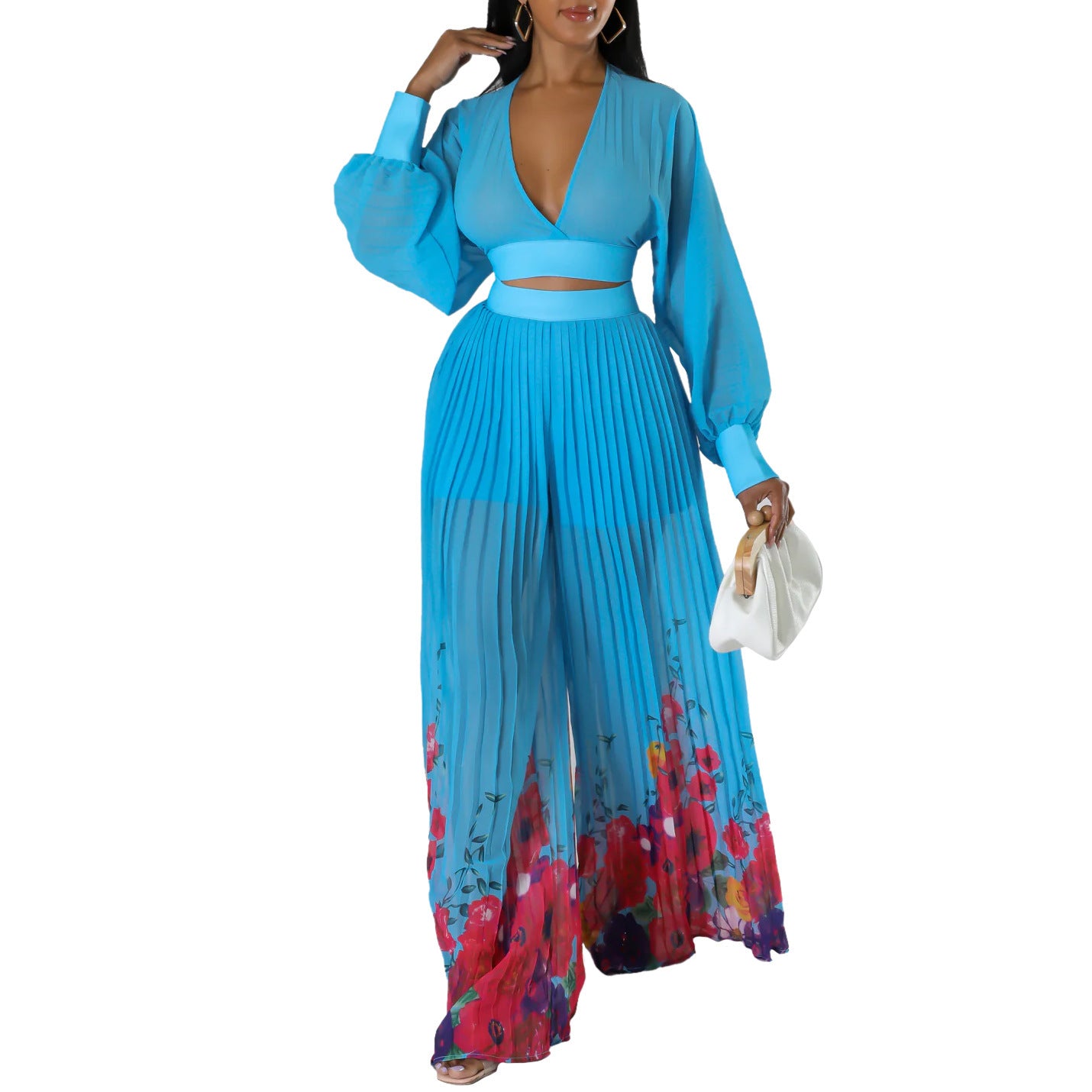 Women's Fashionable Elegant Chiffon V-neck Pleated Top Printed Wide-leg Pants Suit