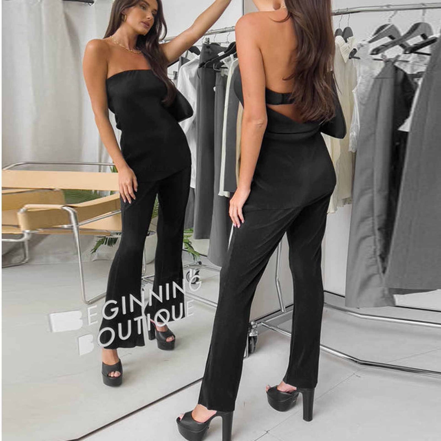 Slim Top Casual Trousers Solid Color Two-piece Set