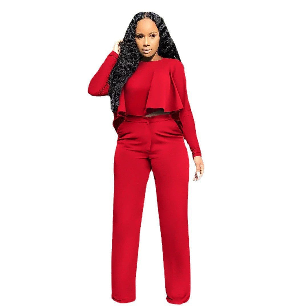 Solid Color Hollow-out Long Sleeve High Waist Wide Leg Pants Two-piece Set