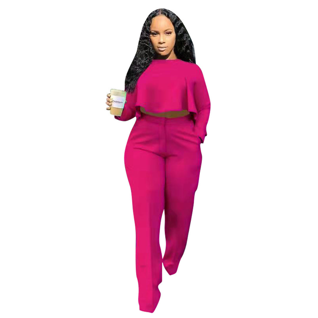 Solid Color Hollow-out Long Sleeve High Waist Wide Leg Pants Two-piece Set