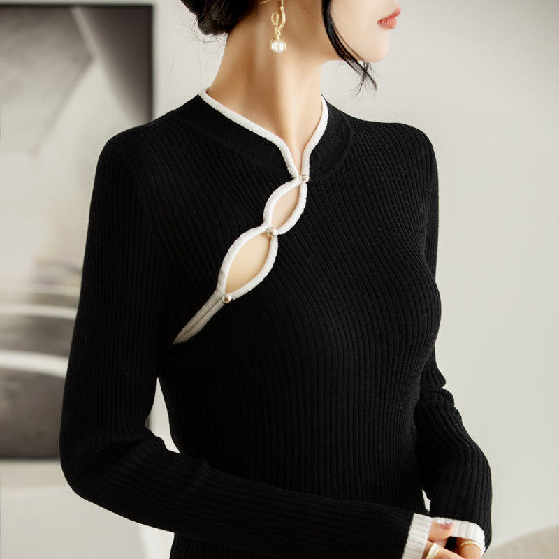 Wool Hollow-out Plate Buckle Stand Collar Design Sweater Thin