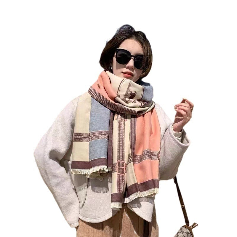 Korean Style Contrast Color Artificial Cashmere Scarf Women's New Winter