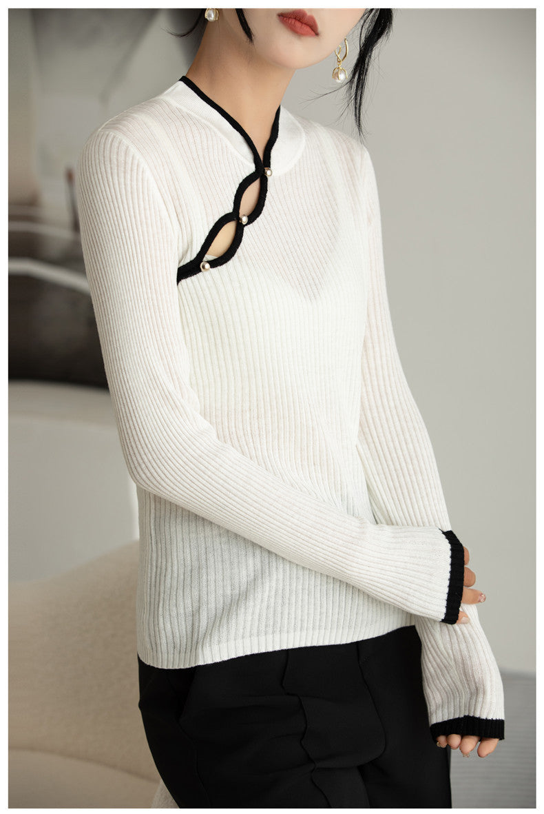 Wool Hollow-out Plate Buckle Stand Collar Design Sweater Thin