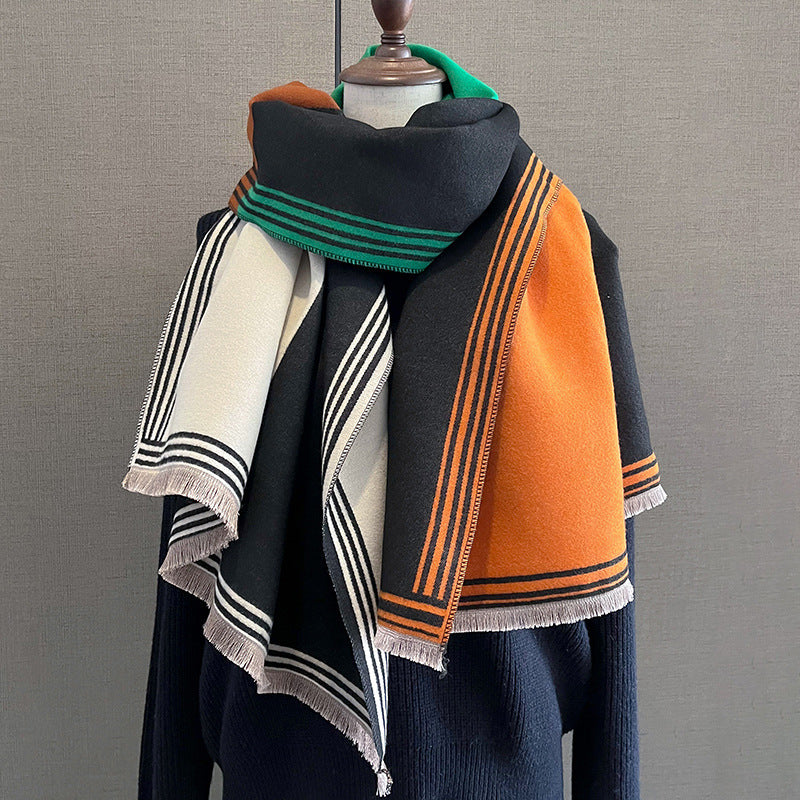 Color Matching Fashion Cashmere Thickened Scarf For Women Winter