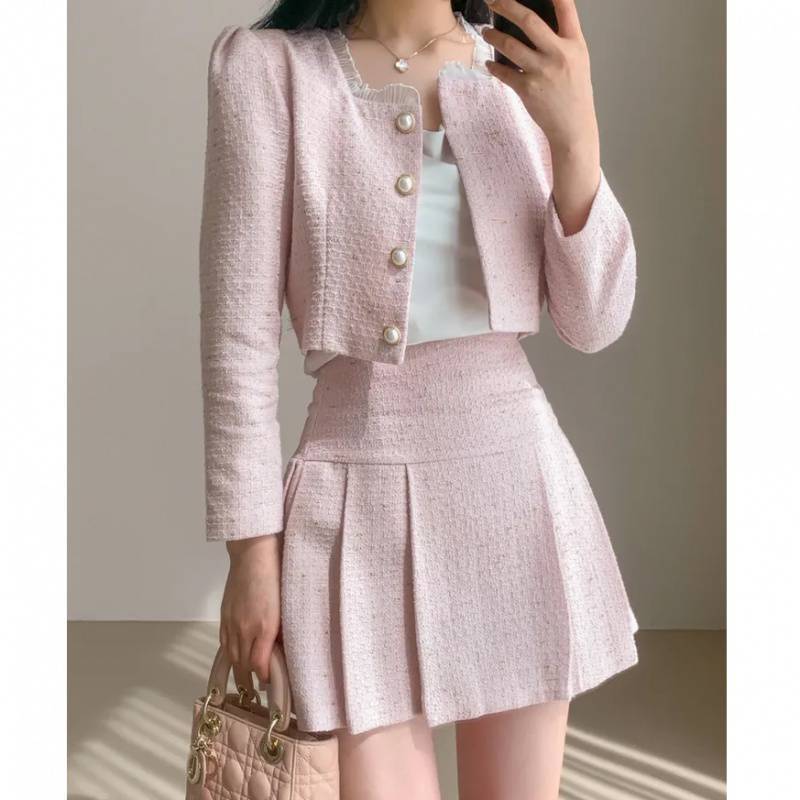 Round Neck Short Coat High Waist Slimming Pleated Skirt Two-piece Set