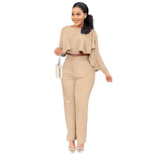 Solid Color Hollow-out Long Sleeve High Waist Wide Leg Pants Two-piece Set