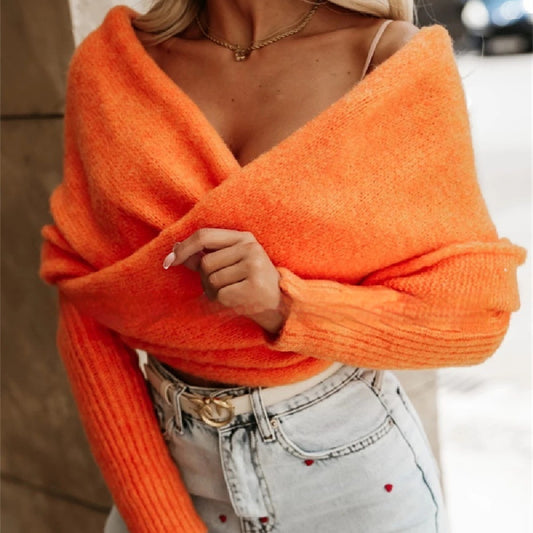 V-neck Cross Multi-color Sweater Trend Off The Shoulder