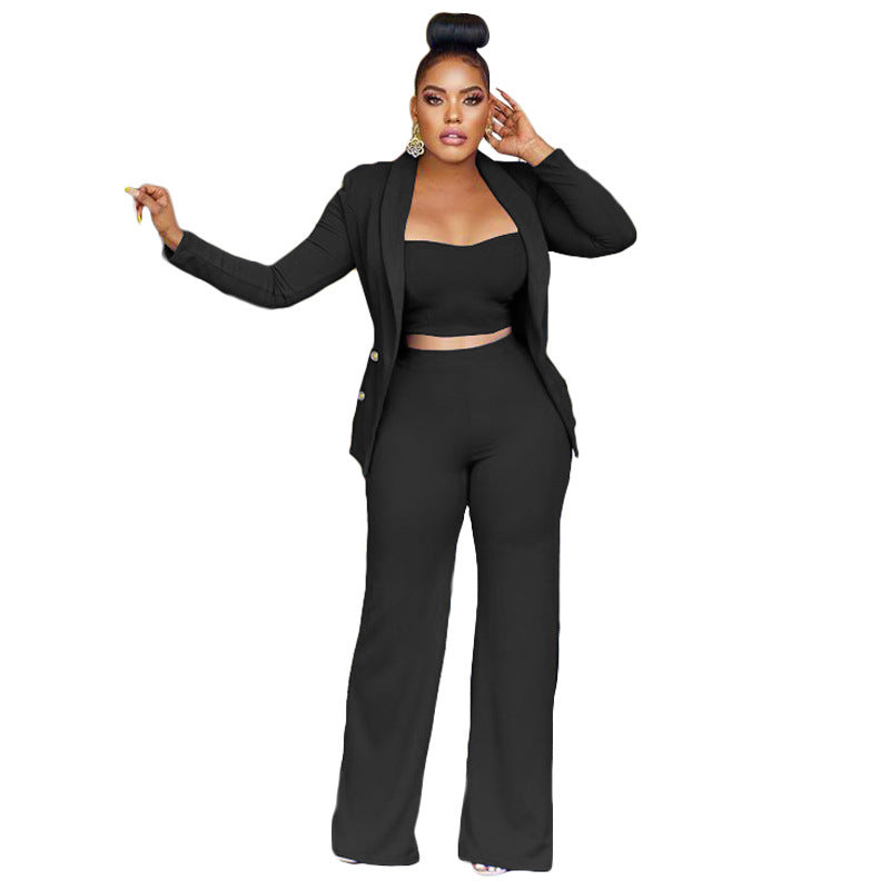 Suit Jacket Vest Wide Leg Pants Three Piece Set