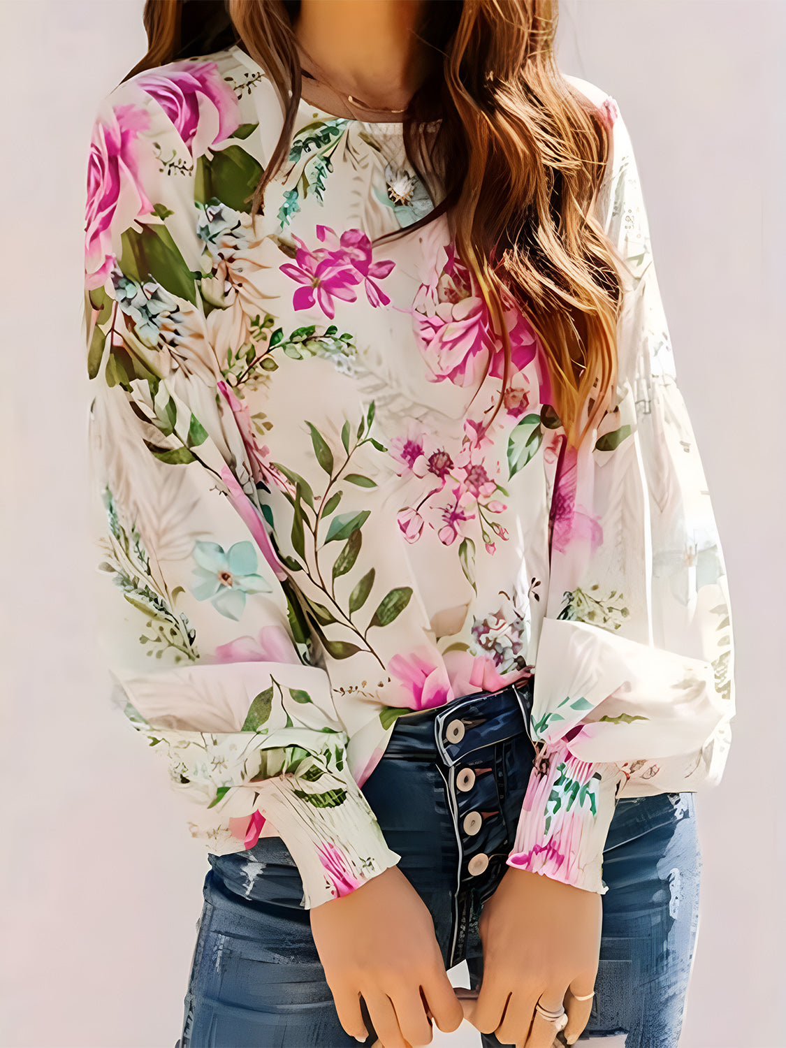 Printed Round Neck Lantern Sleeve Blouse