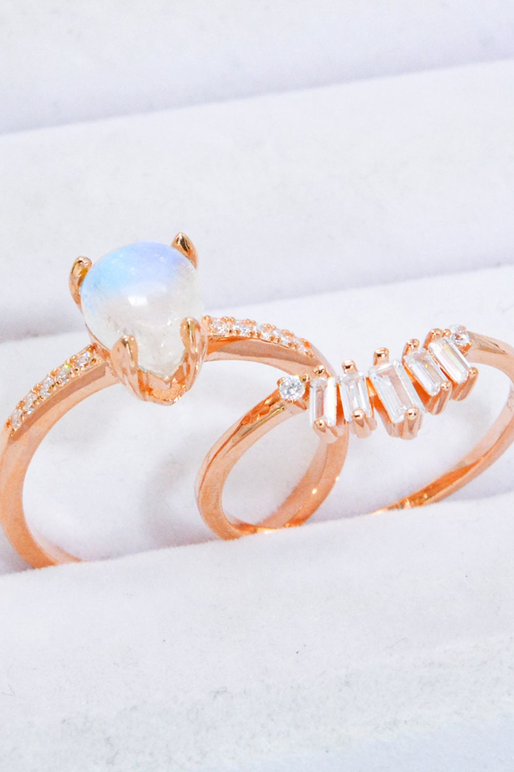 Natural Moonstone and Zircon 18K Rose Gold-Plated Two-Piece Ring Set