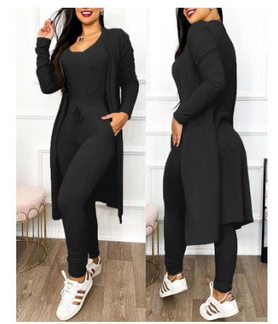 Women's Casual Suit High Waist Slip-on Casual Pants Drawstring Pocket Design Jumpsuit And Cardigan Cover