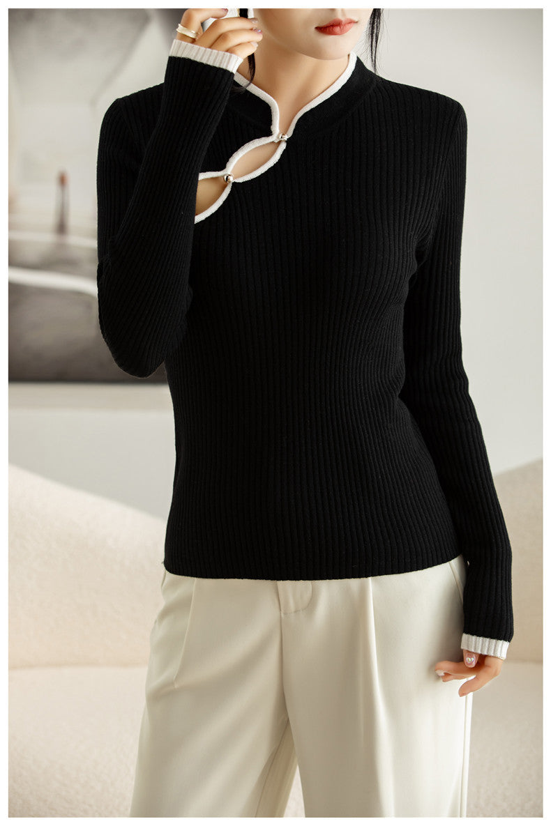 Wool Hollow-out Plate Buckle Stand Collar Design Sweater Thin