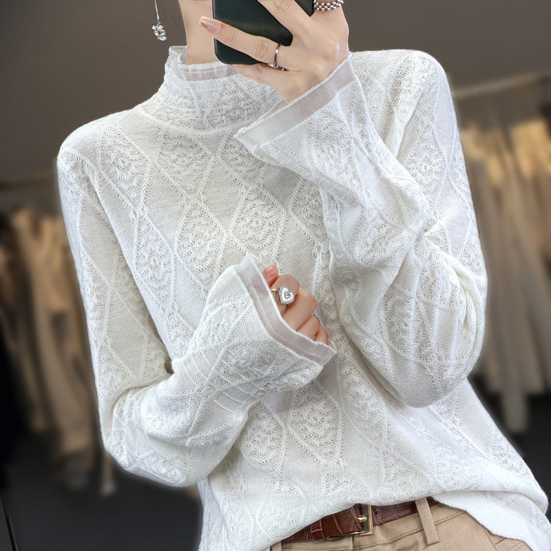 Women's Lace Cutout Half Turtleneck Worsted Wool Sweater