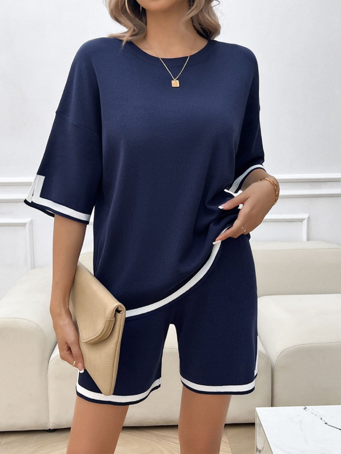 Devine Contrast Trim Round Neck Top and Shorts Set