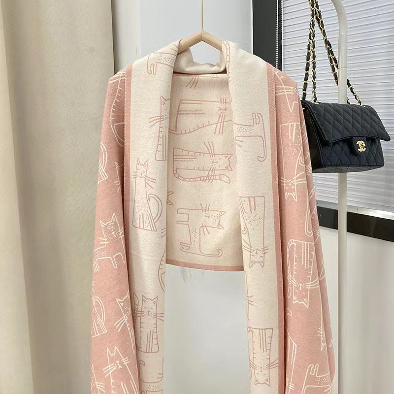 Cat Printing Thick Tassel Cashmere Shawl Warm Scarf