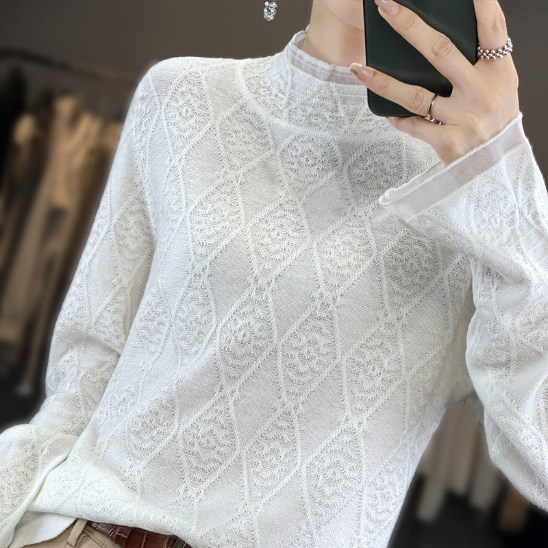 Women's Lace Cutout Half Turtleneck Worsted Wool Sweater