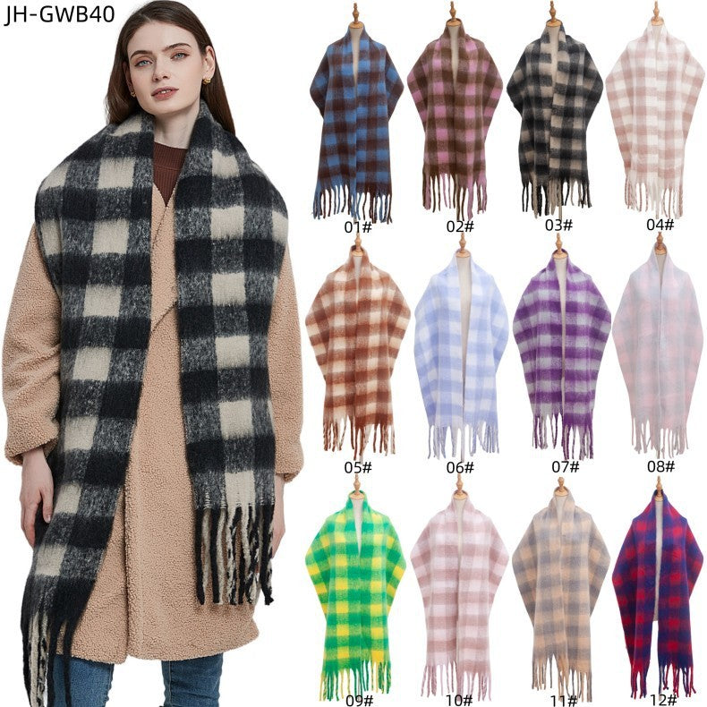 Black Rice Plaid Thick Tassel Scarf For Women Thickened Bib Shawl