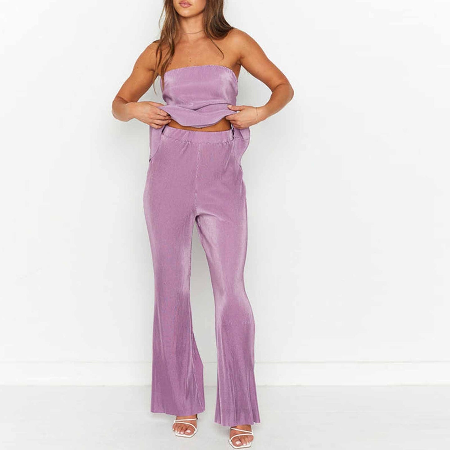 Slim Top Casual Trousers Solid Color Two-piece Set