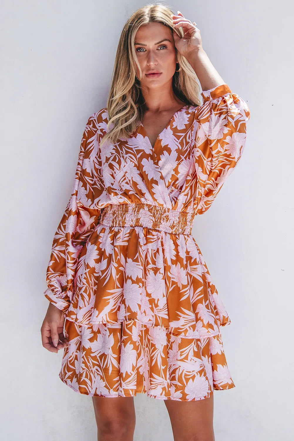 Smocked Printed Long Sleeve Mini Dress