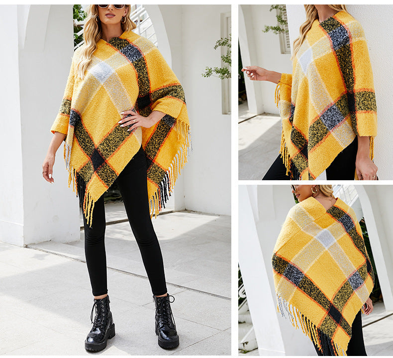 Cashmere Contrast Color Striped Cape Knitted Tassel Scarf