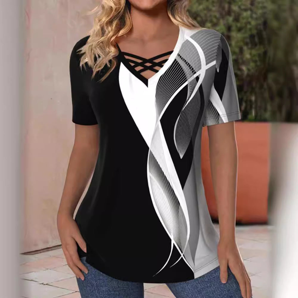 Fashion Printed V-neck Short-sleeved Top For Women