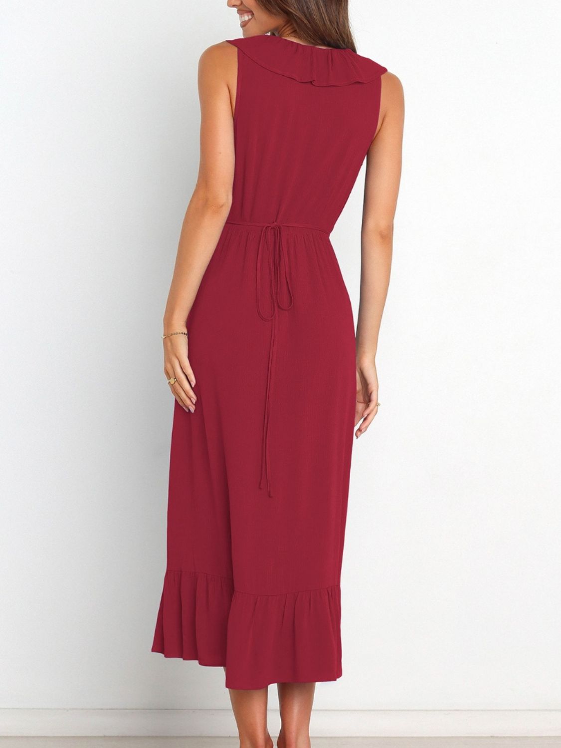 Ruffled Surplice Sleeveless Midi Dress