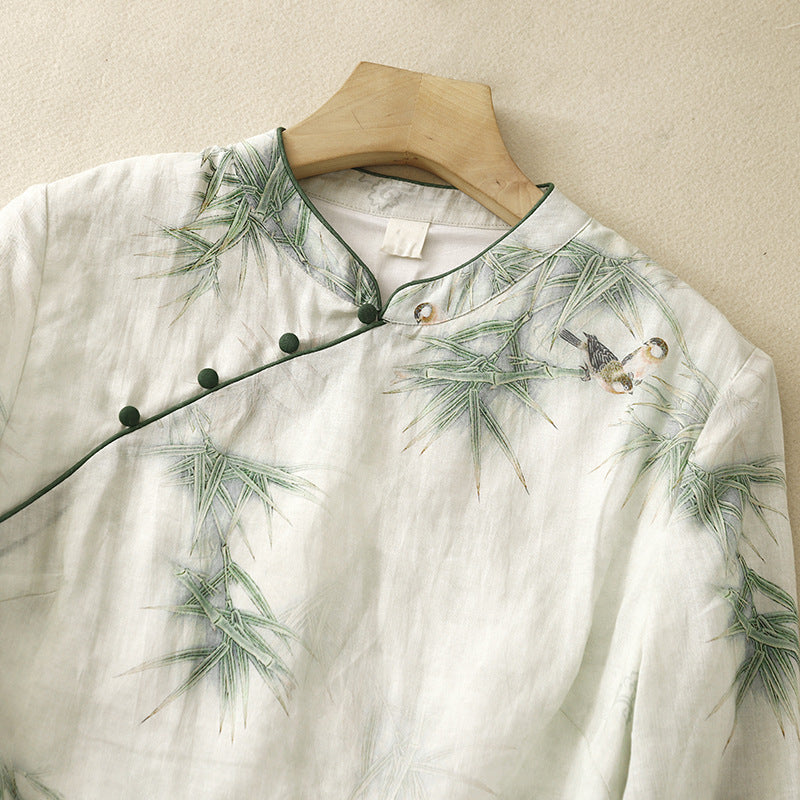 Women's Stand Collar Vintage Print Ethnic Style Cotton Linen Shirt