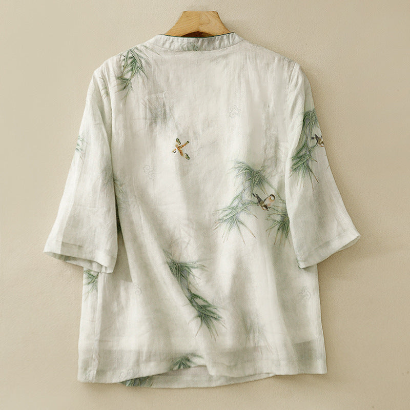 Women's Stand Collar Vintage Print Ethnic Style Cotton Linen Shirt