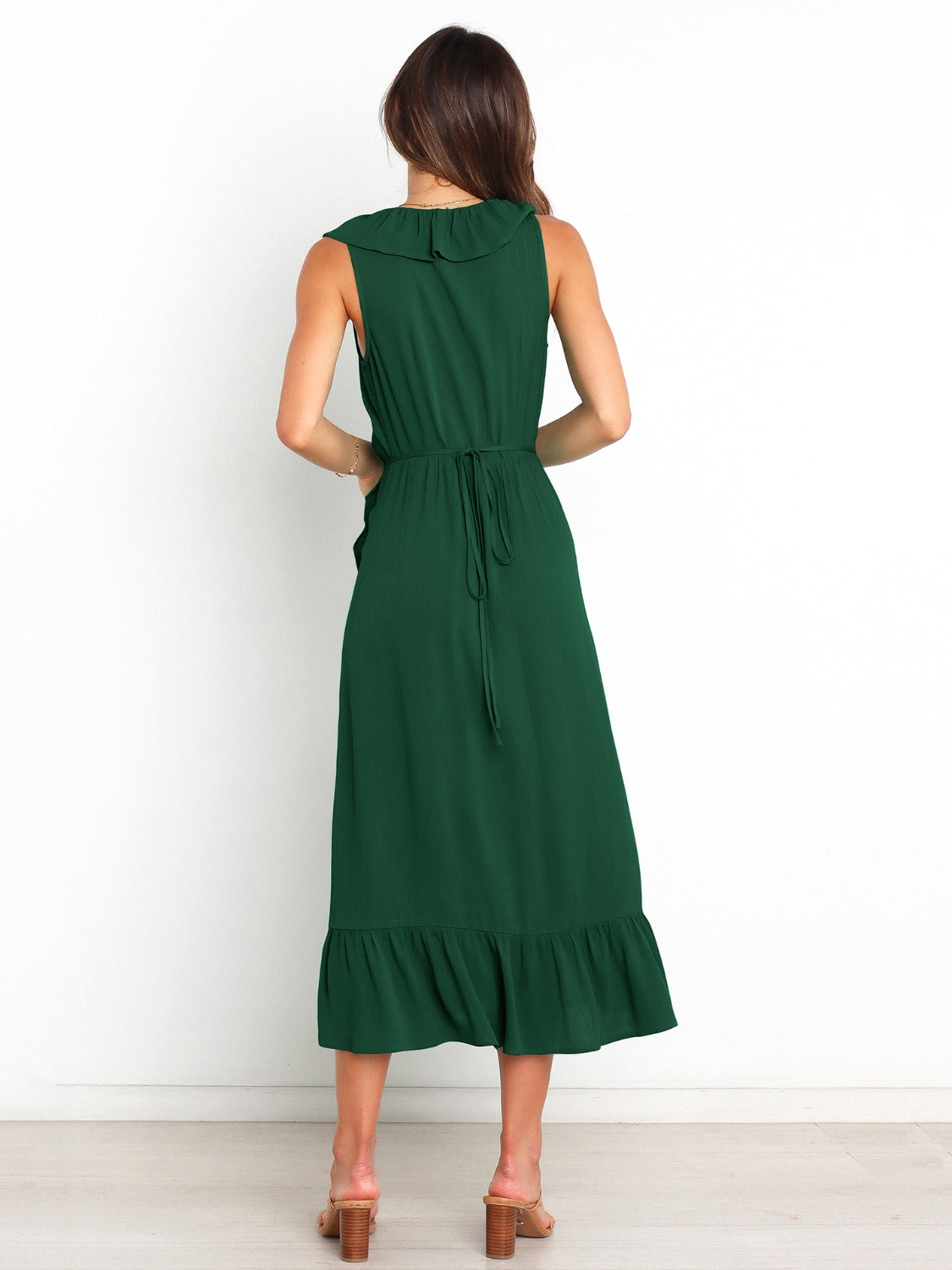 Ruffled Surplice Sleeveless Midi Dress