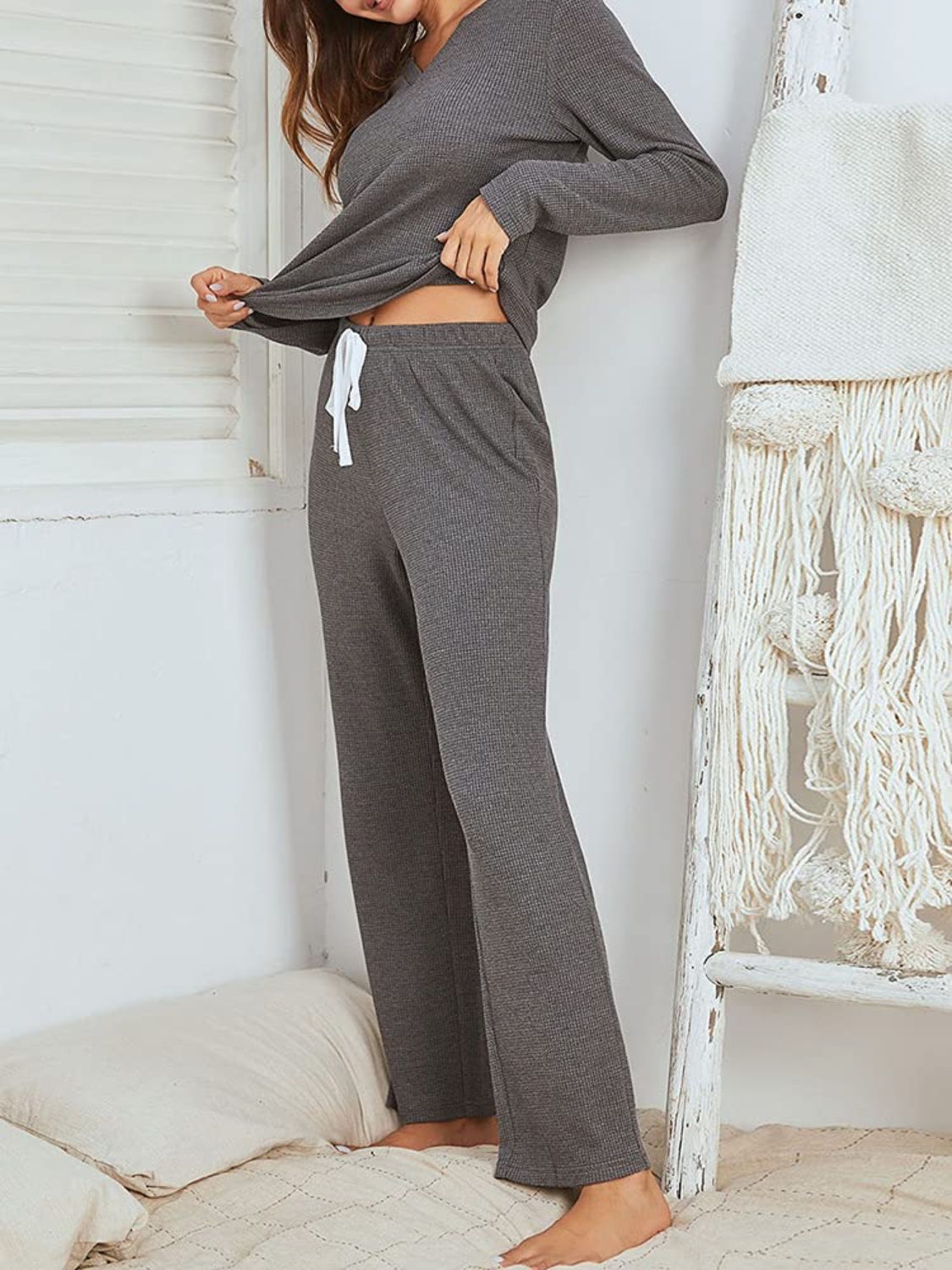 Notched Long Sleeve Top and Pants Set