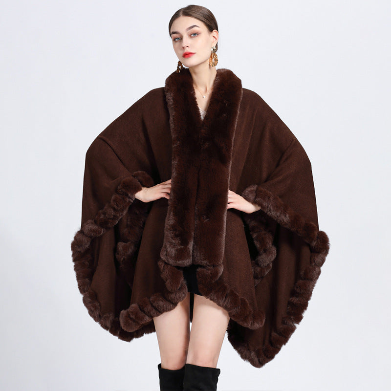 Rex Rabbit Fur Collar Shawl Irregular Oversized Knitted Cardigan Baggy Coat